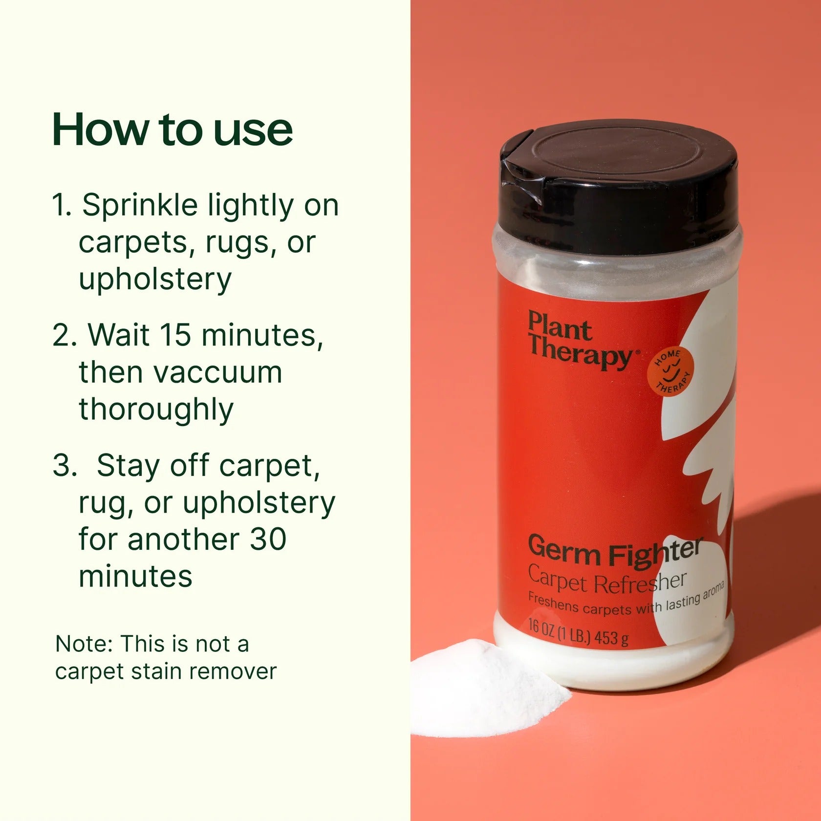 Plant Therapy Germ Fighter Carpet Refresher with usage instructions on a white background